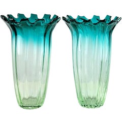 Murano Sommerso Aqua Blue Green Italian Art Glass Vintage Flower Vase Set