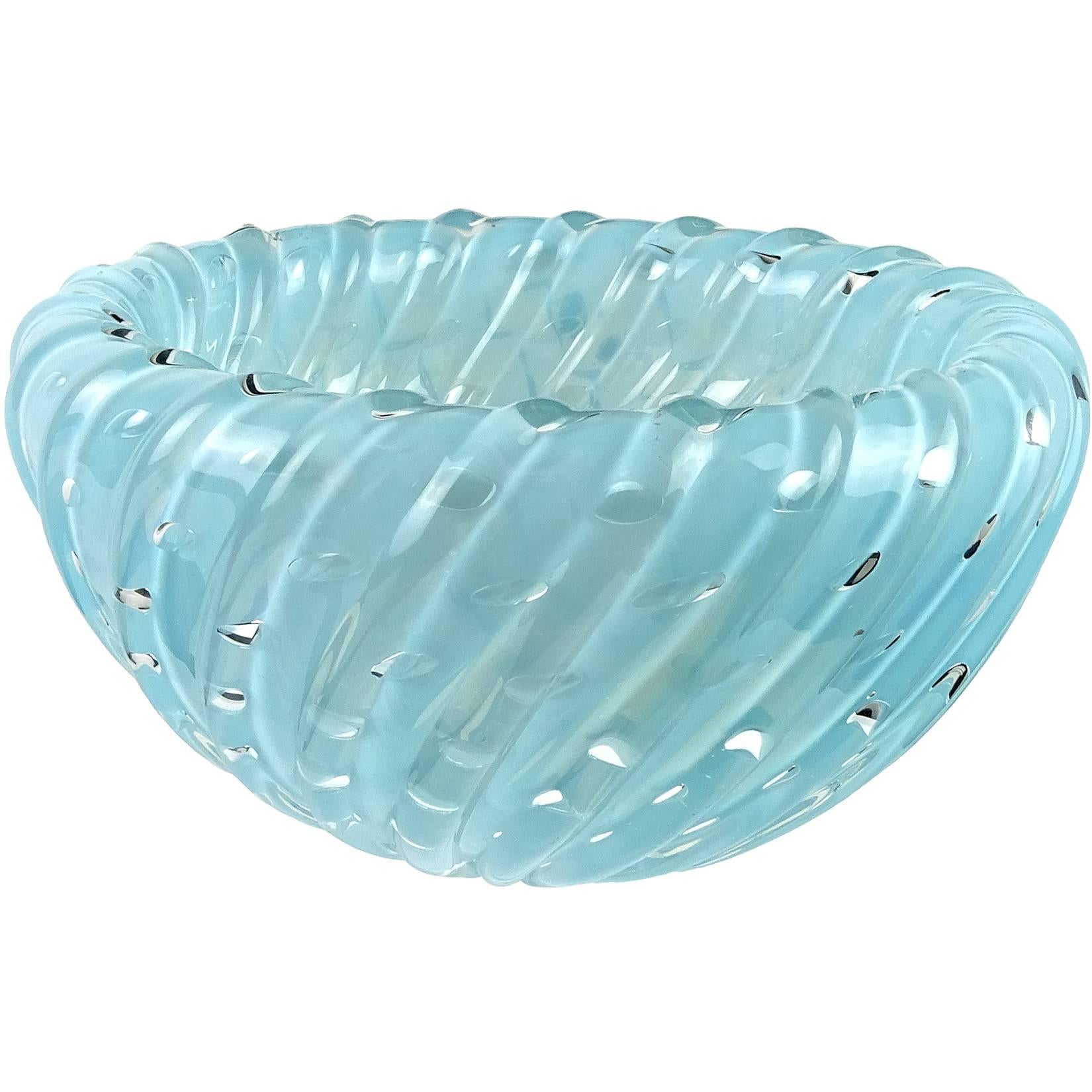 Toso Murano Opalescent Blue Bubbles Italian Art Glass Inverted Ribbed Bowl