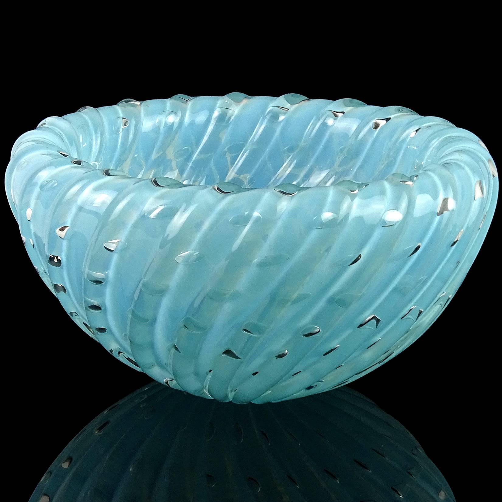 Mid-Century Modern Toso Murano Opalescent Blue Bubbles Italian Art Glass Inverted Ribbed Bowl