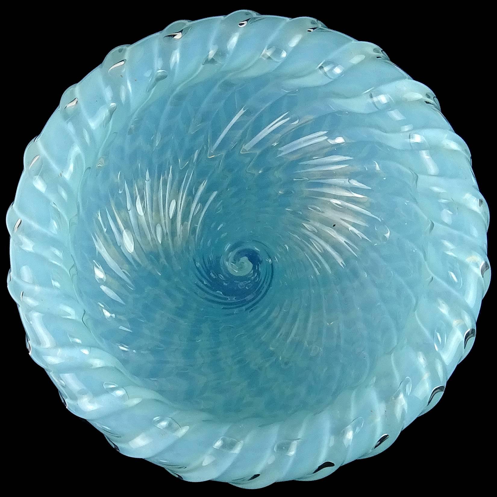 Toso Murano Opalescent Blue Bubbles Italian Art Glass Inverted Ribbed Bowl In Good Condition In Kissimmee, FL
