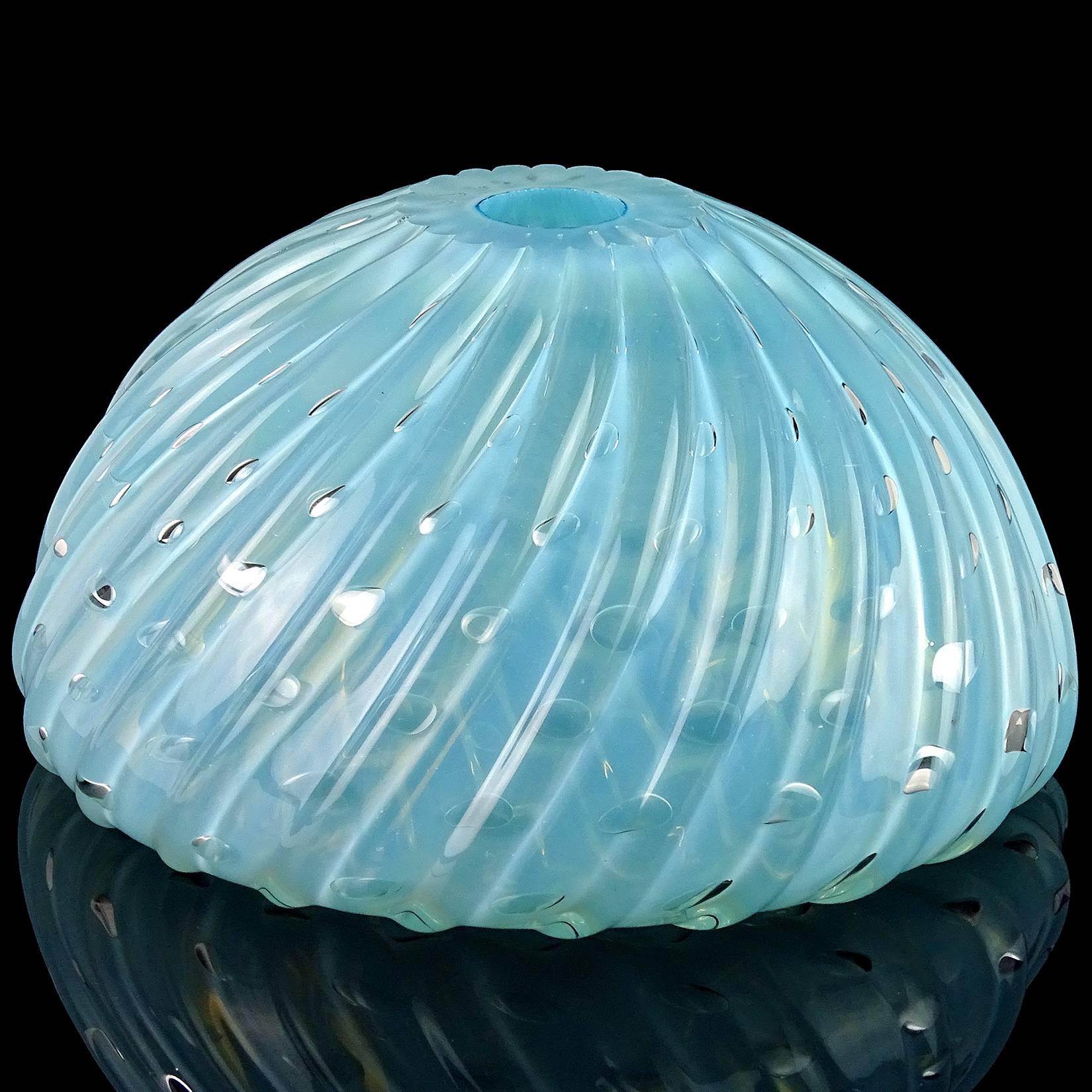 20th Century Toso Murano Opalescent Blue Bubbles Italian Art Glass Inverted Ribbed Bowl