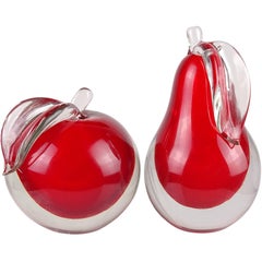 Alfredo Barbini Murano Red Sommerso Italian Art Glass Pear Apple Fruit Bookends