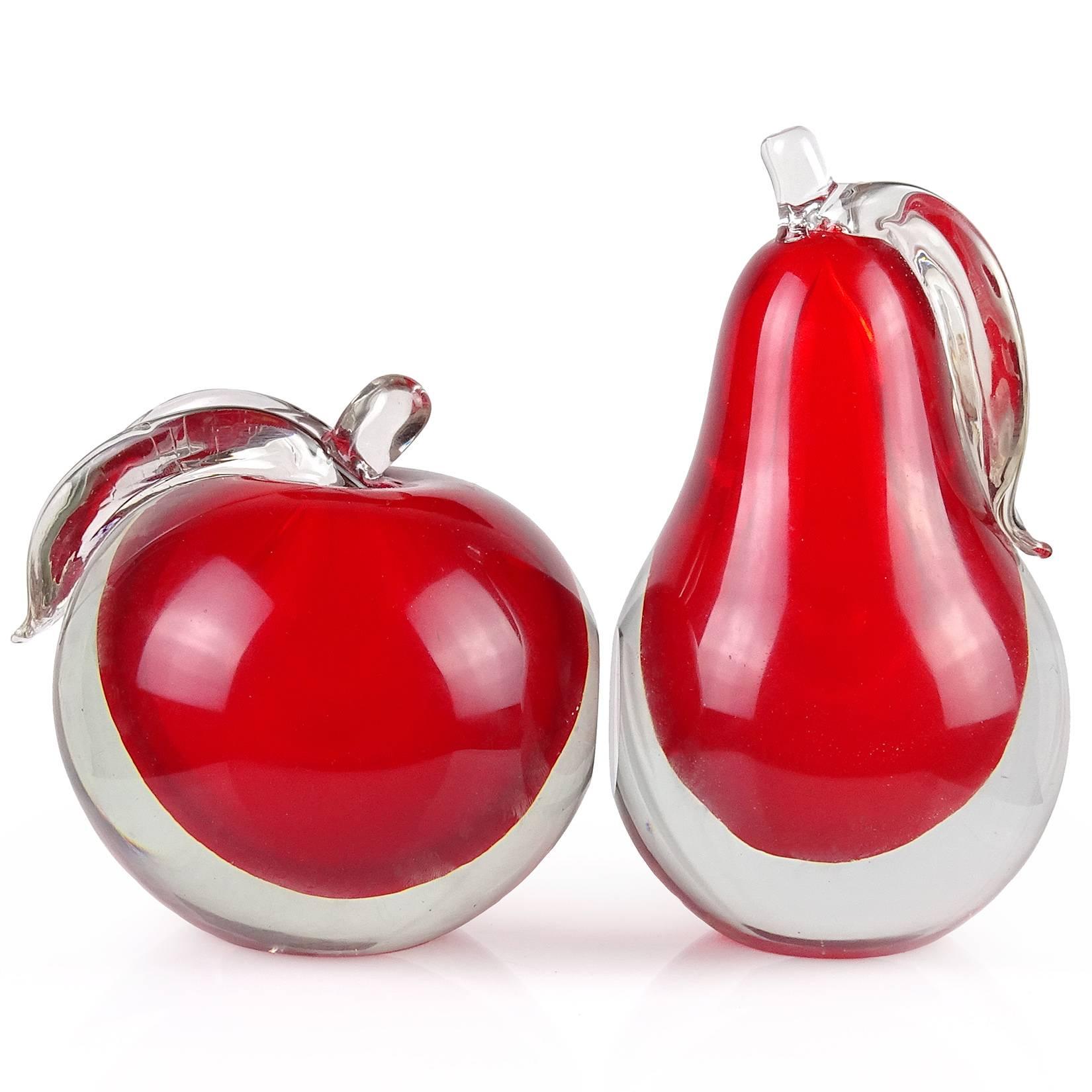 Mid-Century Modern Alfredo Barbini Murano Red Sommerso Italian Art Glass Pear Apple Fruit Bookends