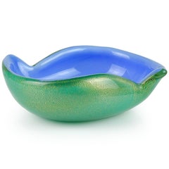 Archimede Seguso Murano, 1956 Blue Green Gold Flecks Italian Art Glass Bowl Dish