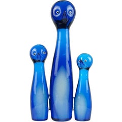 Murano Cobalt Blue Opal White Italian Art Glass Penguin Bird Family Sculpture