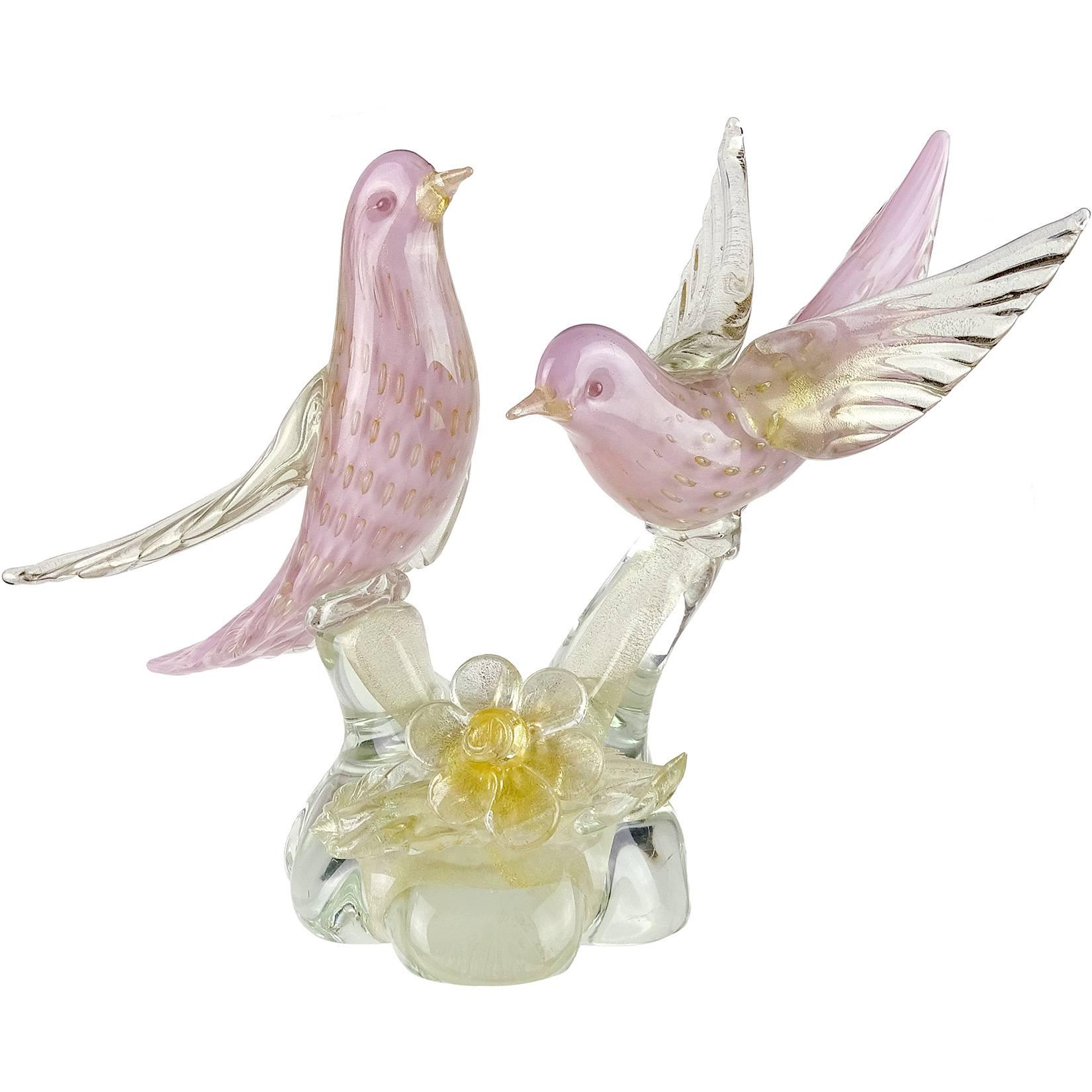 Barbini Murano Pink Bubbles Gold Flecks Italian Art Glass Double Bird Sculpture