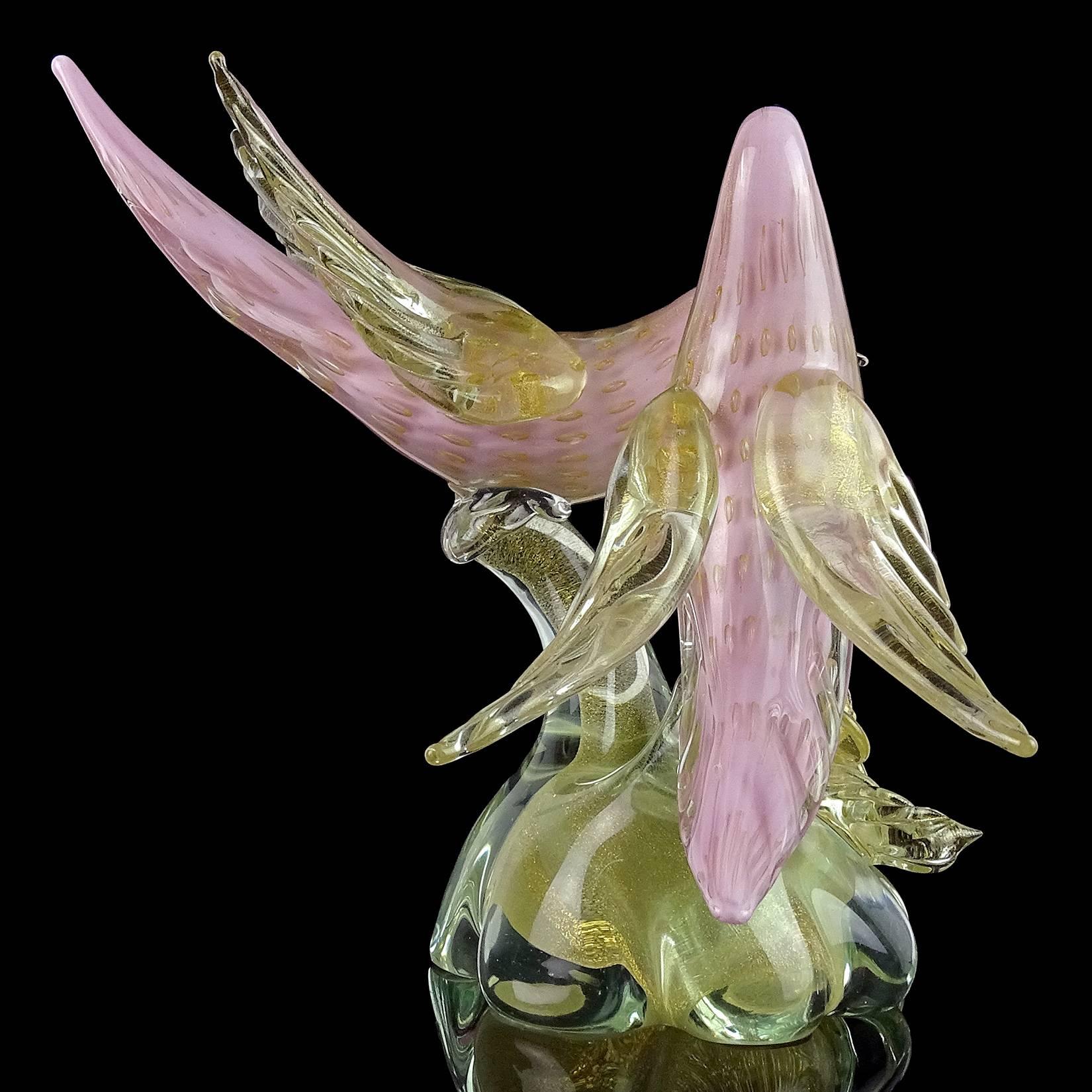 Barbini Murano Pink Bubbles Gold Flecks Italian Art Glass Double Bird Sculpture In Excellent Condition In Kissimmee, FL