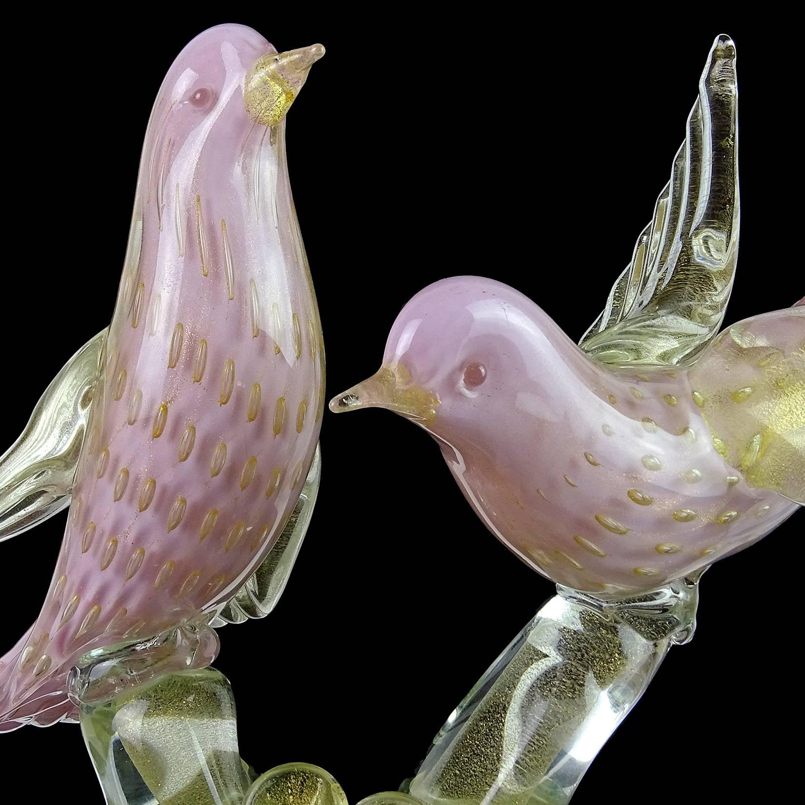 Mid-Century Modern Barbini Murano Pink Bubbles Gold Flecks Italian Art Glass Double Bird Sculpture