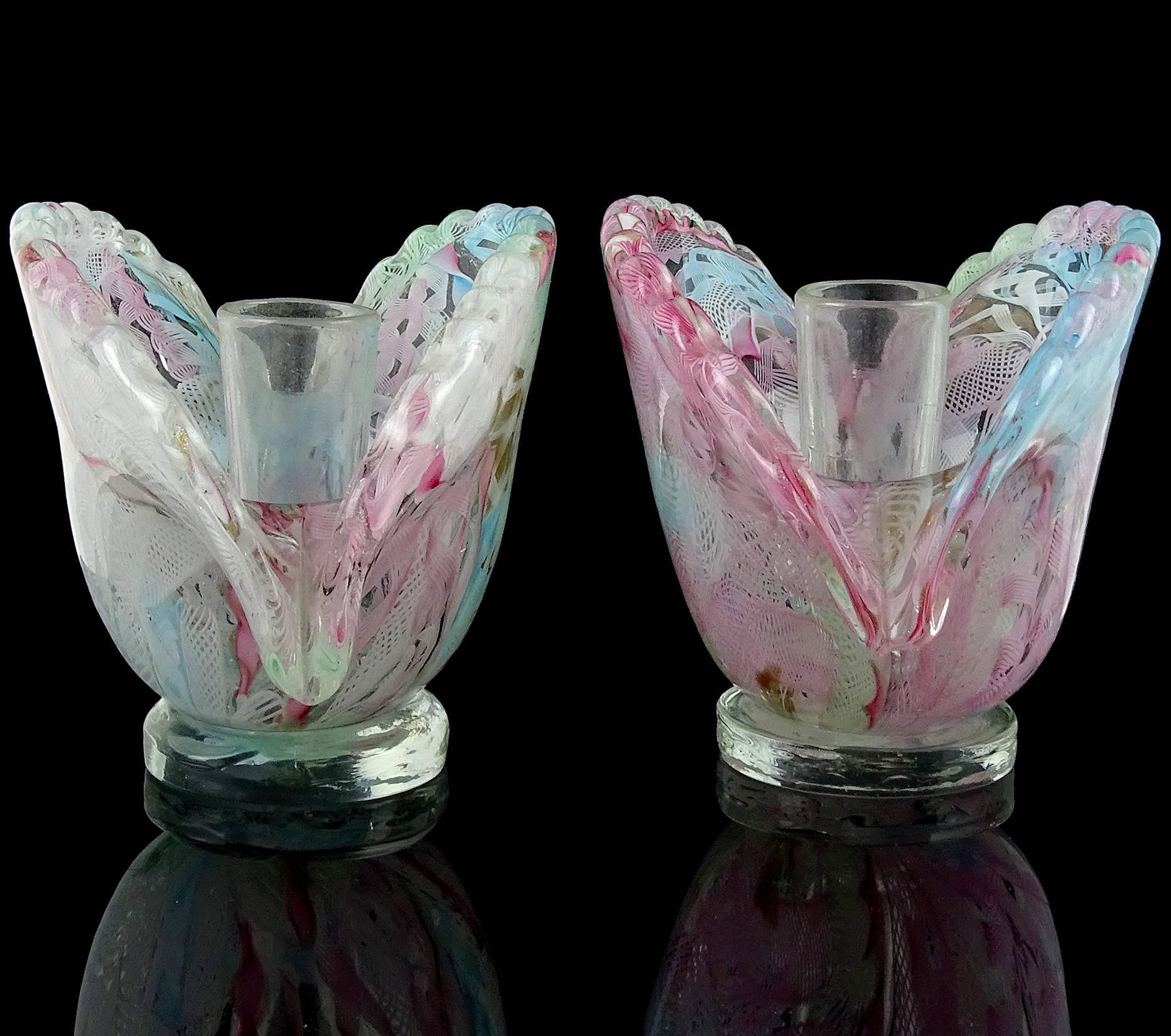 Hand-Crafted Murano Multi-Color Pastel Ribbons Italian Art Glass Shell Shaped Candleholders