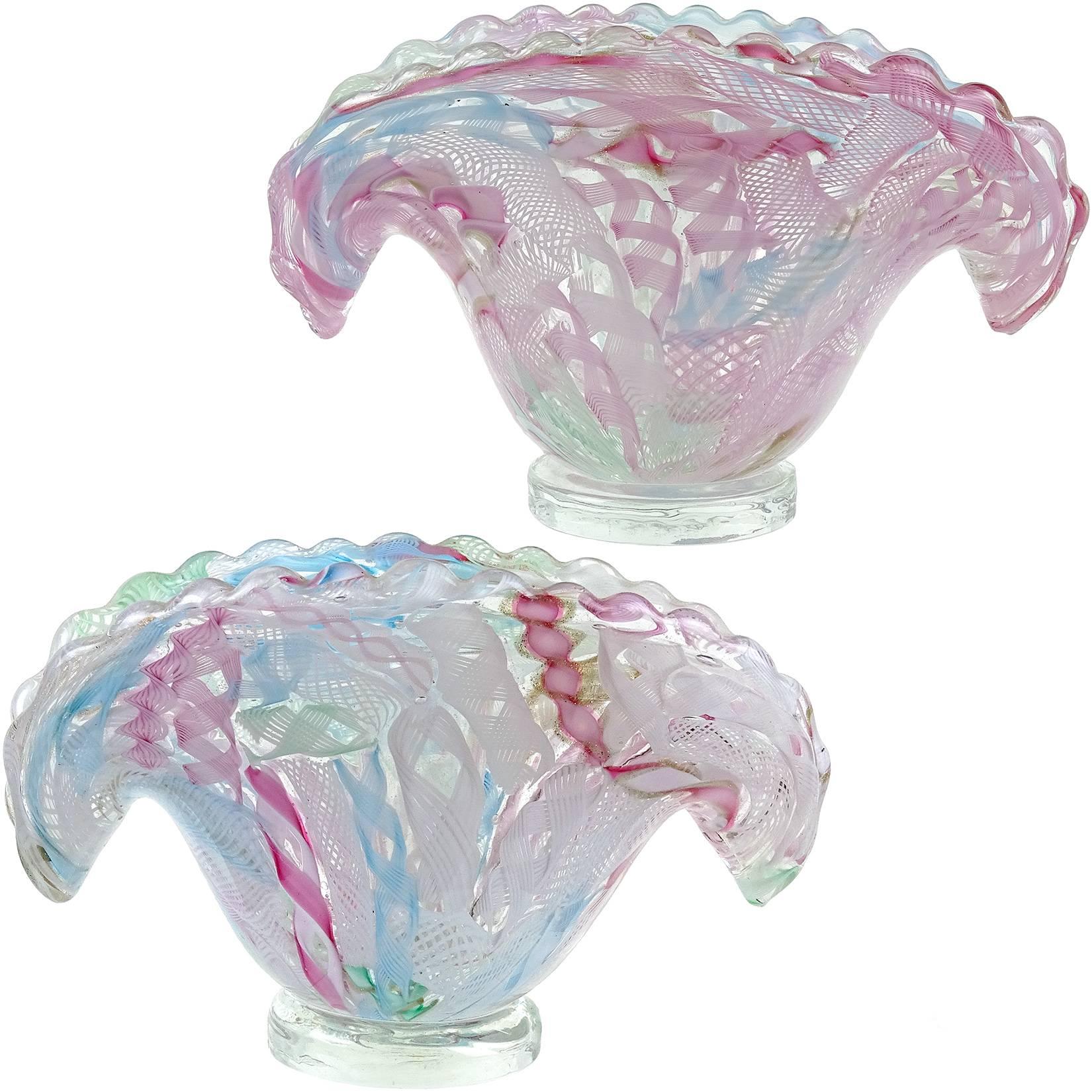 Murano Multi-Color Pastel Ribbons Italian Art Glass Shell Shaped Candleholders