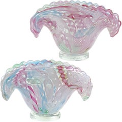 Retro Murano Multi-Color Pastel Ribbons Italian Art Glass Shell Shaped Candleholders