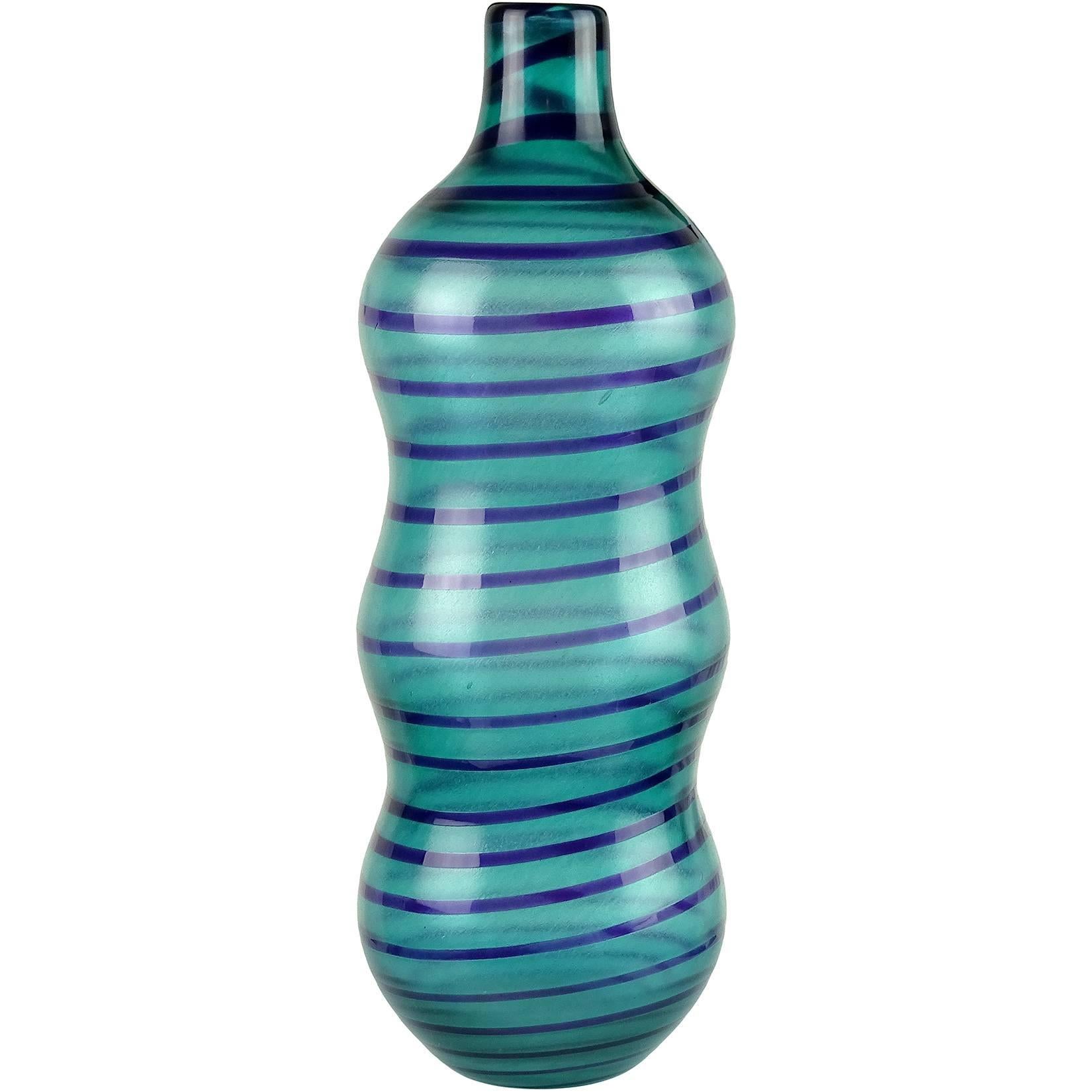 Murano Aqua Blue Cobalt Stripe Italian Art Glass Bottle Flower Vase