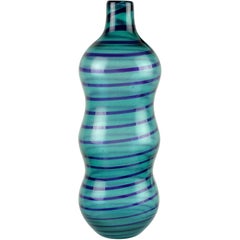 Murano Aqua Blue Cobalt Stripe Italian Art Glass Bottle Flower Vase