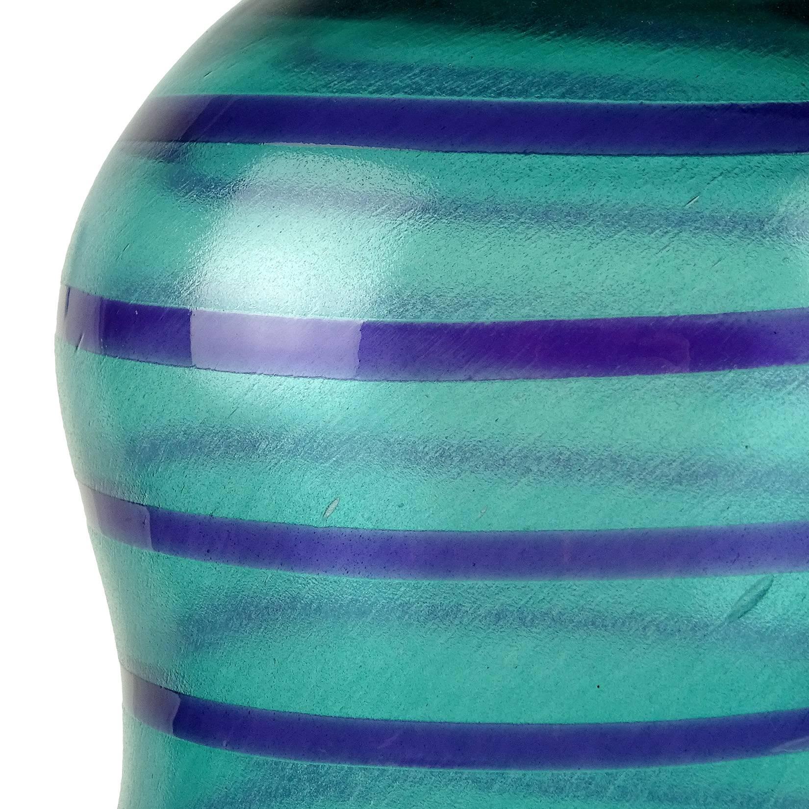 Mid-Century Modern Murano Aqua Blue Cobalt Stripe Italian Art Glass Bottle Flower Vase
