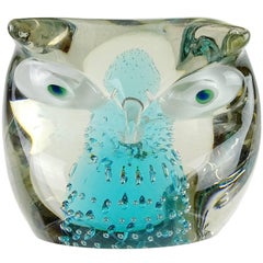 Cenedese Murano Sommerso Blue Core Italian Art Glass Owl Sculpture Paperweight
