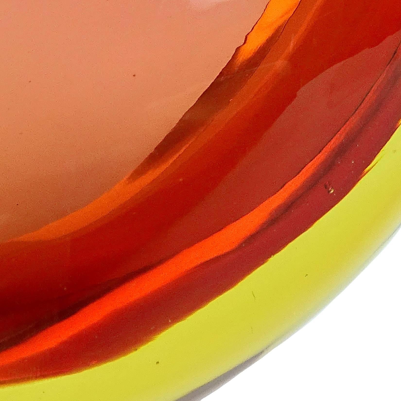 Hand-Crafted Murano Sommerso Orange Yellow Italian Art Glass Geode Flat Cut Rim Bowl Dish