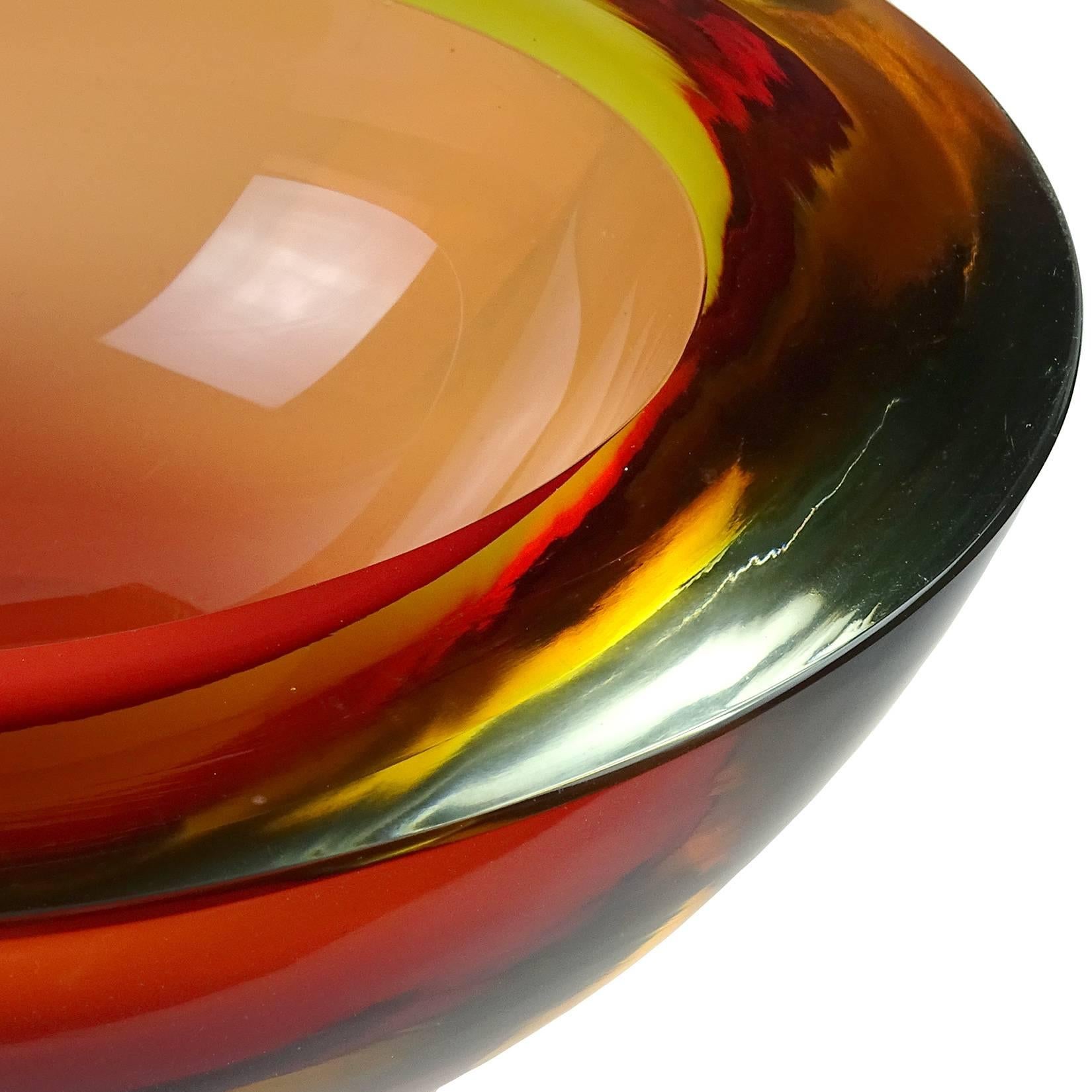 Mid-Century Modern Murano Sommerso Orange Yellow Italian Art Glass Geode Flat Cut Rim Bowl Dish