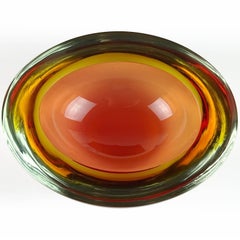 Murano Sommerso Orange Yellow Italian Art Glass Geode Flat Cut Rim Bowl Dish