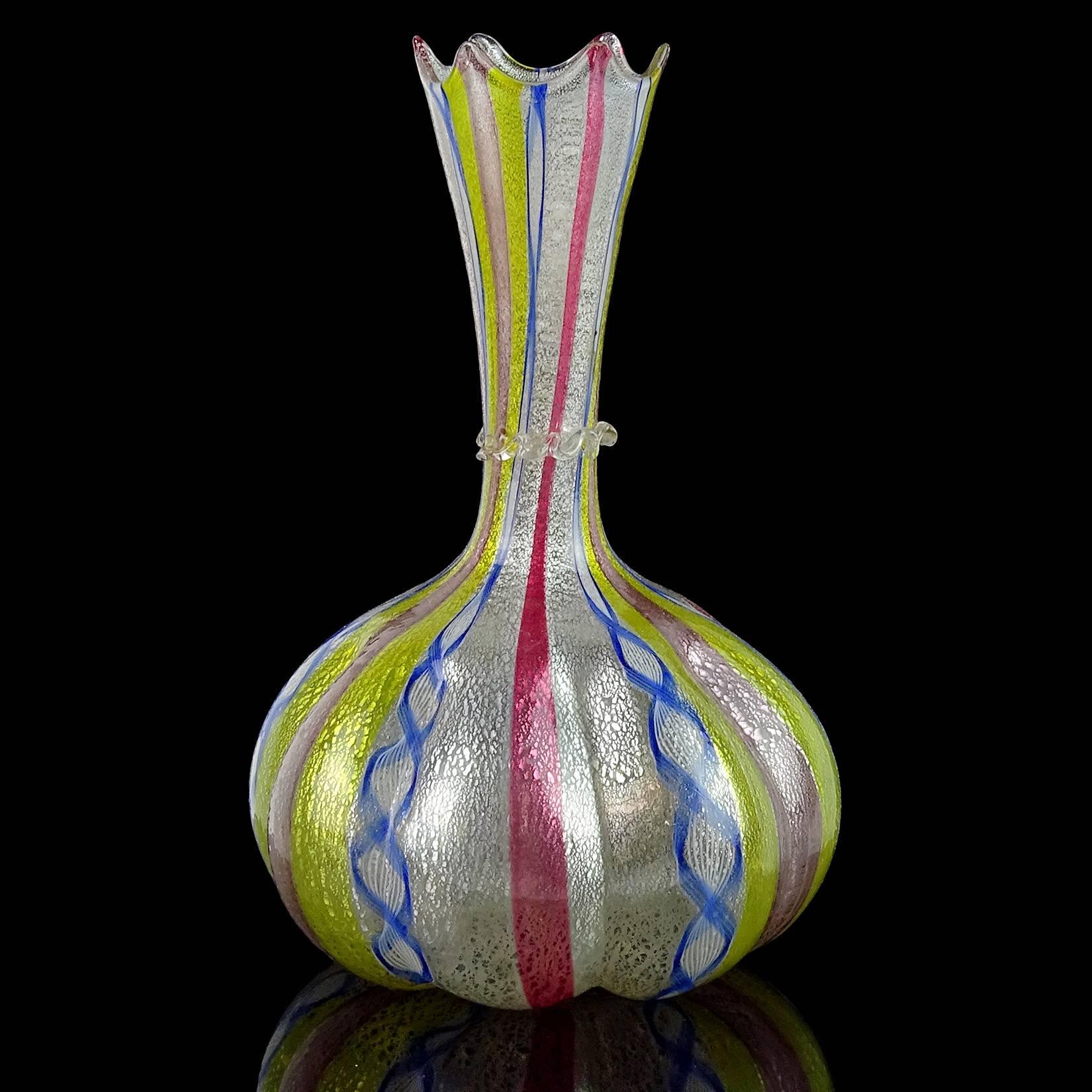 Rare antique Venetian handblown, silver leaf with color ribbon canes Italian art glass flower vase with crown rim. Documented to Salviati dott. Antonio / Artisti Barovier, circa 1877-1890. Three similar pieces are published in the book