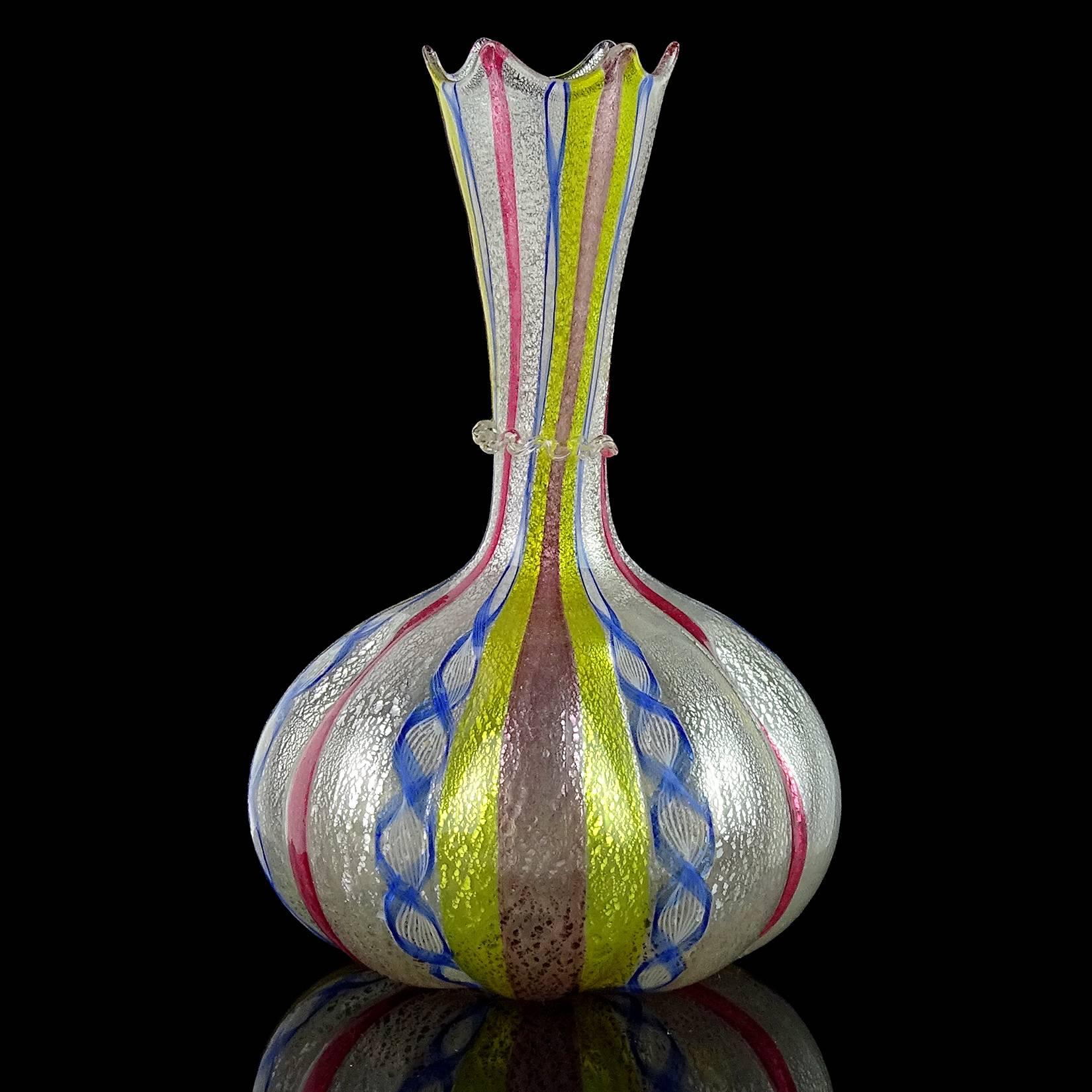Hand-Crafted Salviati Artisti Barovier Venetian Silver Leaf Ribbon Italian Art Glass Vase