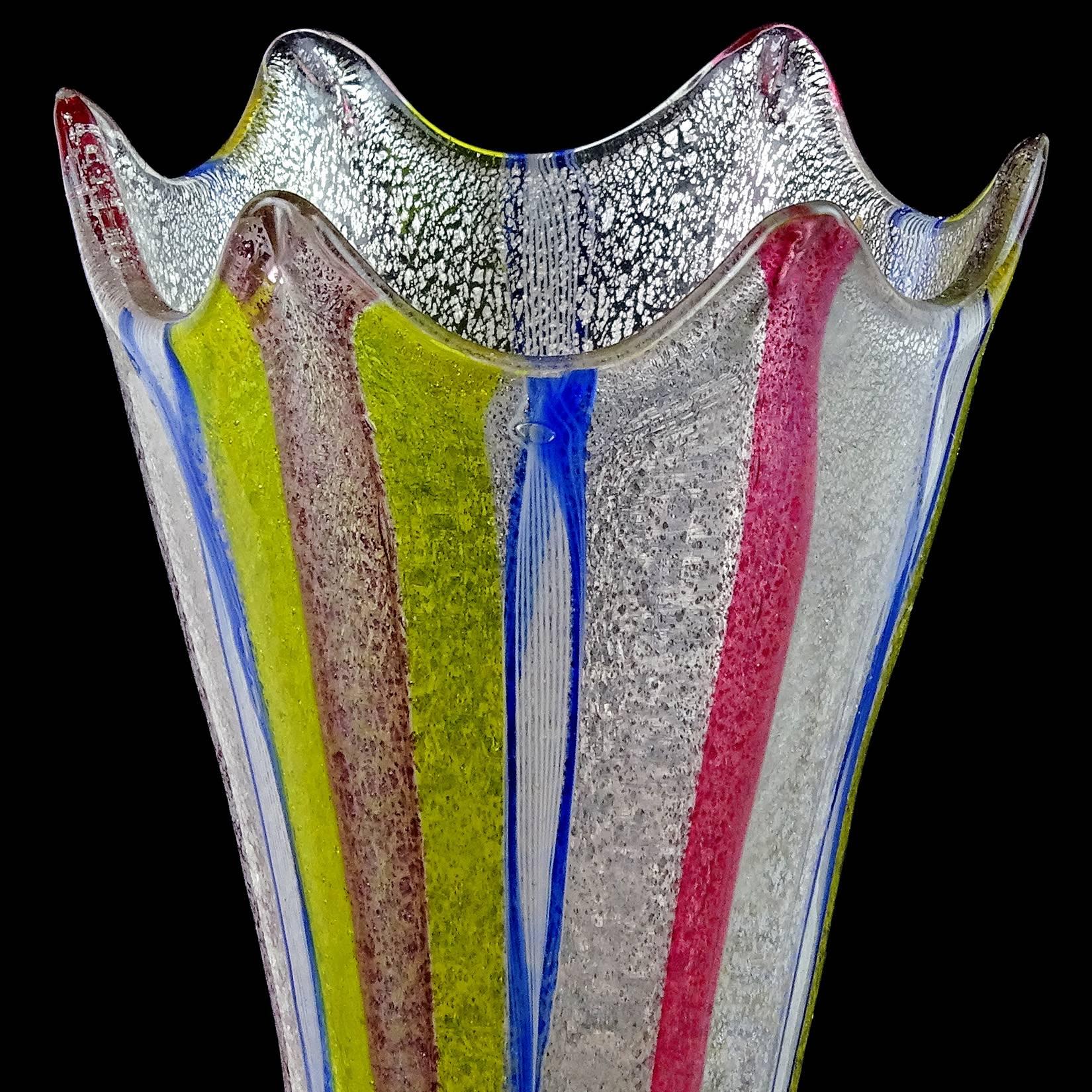 Salviati Artisti Barovier Venetian Silver Leaf Ribbon Italian Art Glass Vase In Excellent Condition In Kissimmee, FL