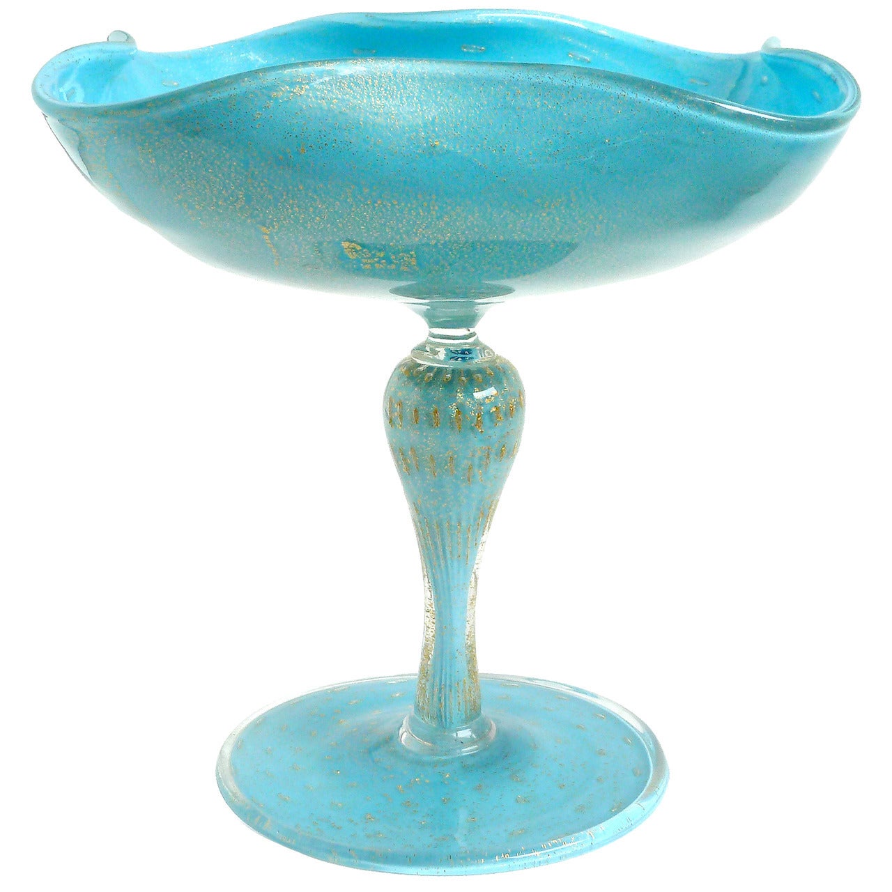 Alfredo Barbini Murano Gold Flecks Blue Italian Art Glass Compote Candy Bowl