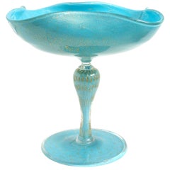 Alfredo Barbini Murano Gold Flecks Blue Italian Art Glass Compote Candy Bowl