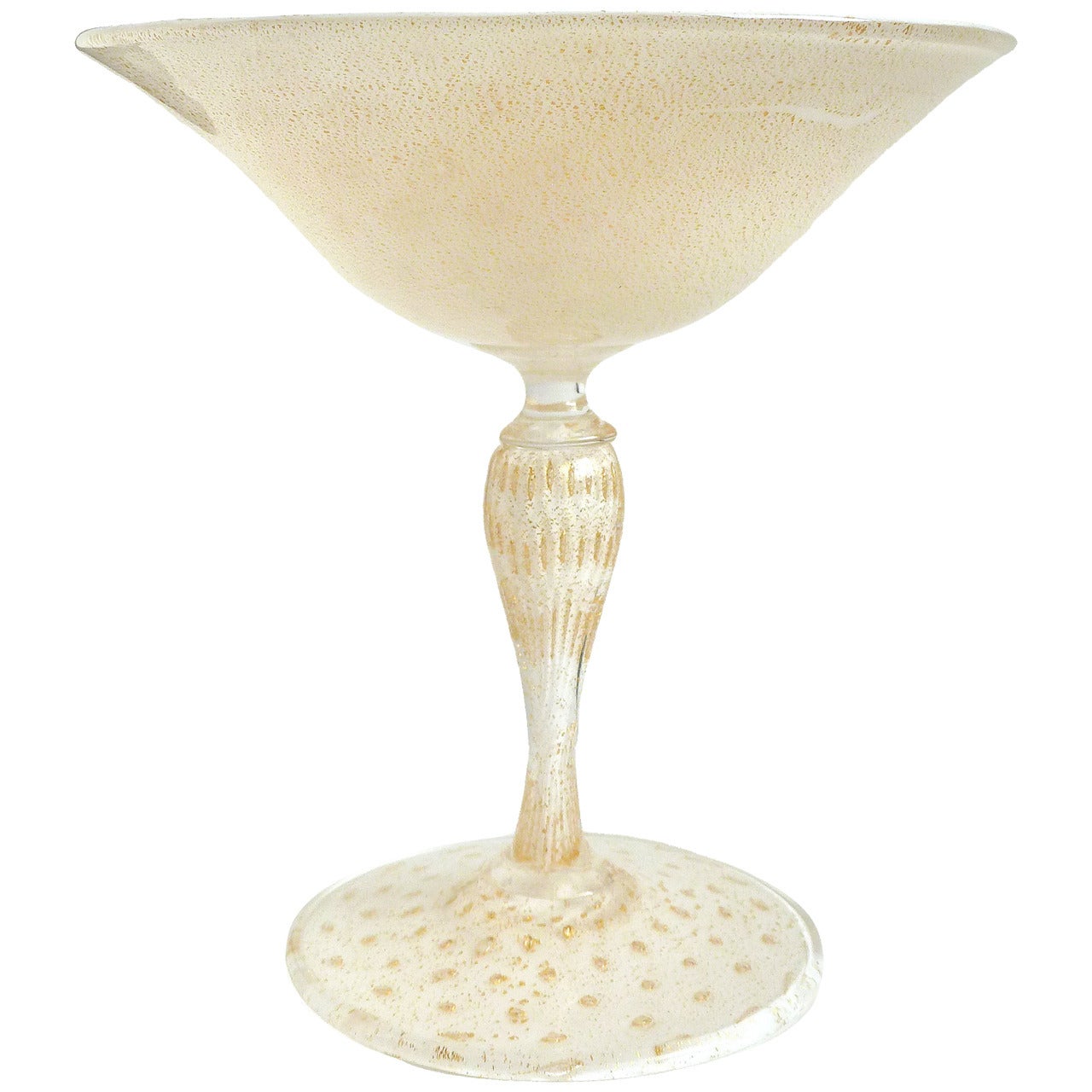 Alfredo Barbini Murano Gold Flecks White Italian Art Glass Compote Candy Bowl