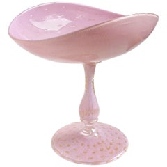 Alfredo Barbini Murano Gold Flecks Pink Italian Art Glass Compote Candy Bowl
