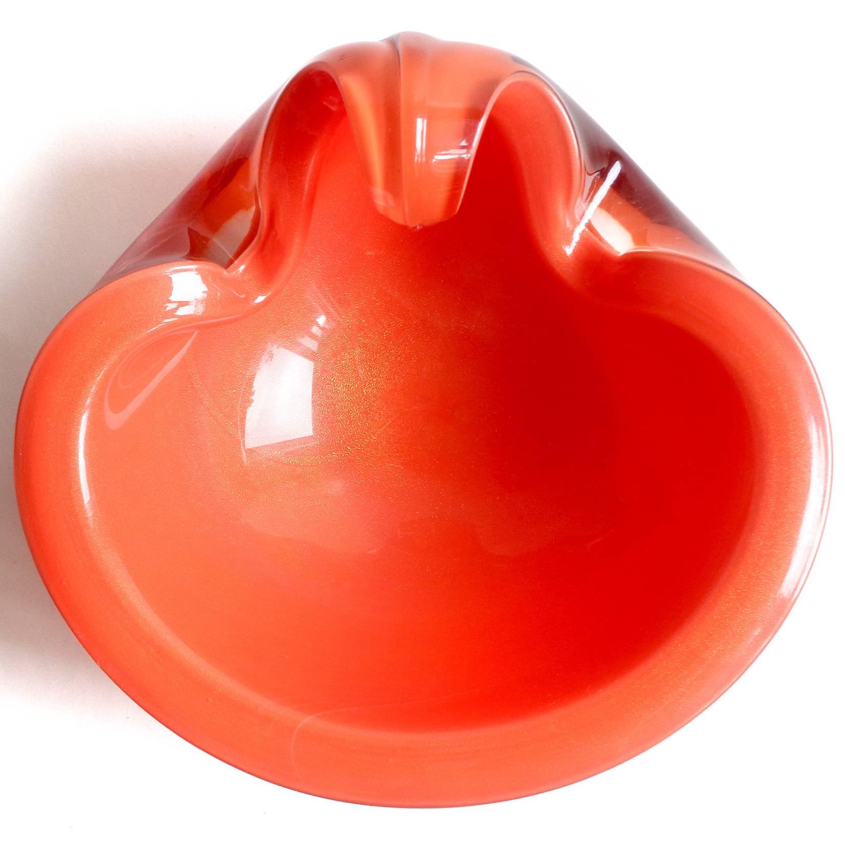 Amazing Murano handblown orange and gold flecks Italian art glass flip-top bowl and mushroom lighter set. Documented to designer Alfredo Barbini, circa 1950s-1960s, and published in the Weil Ceramics and Glass catalog. Both pieces are covered in