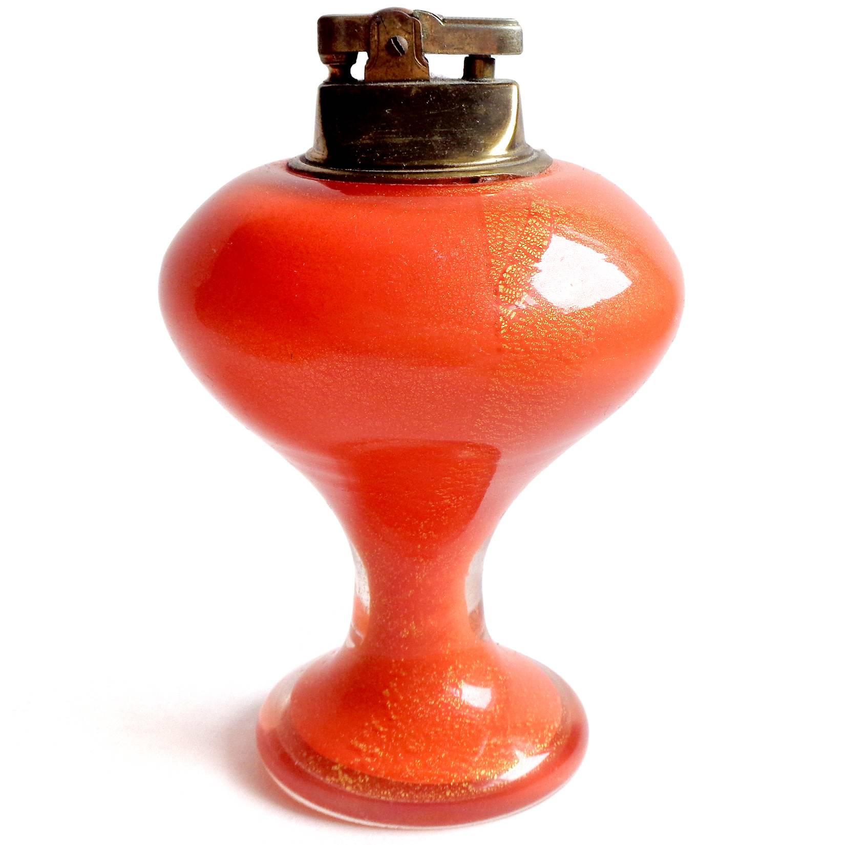 Space Age Alfredo Barbini Murano Orange Gold Flecks Italian Art Glass Bowl Lighter Set