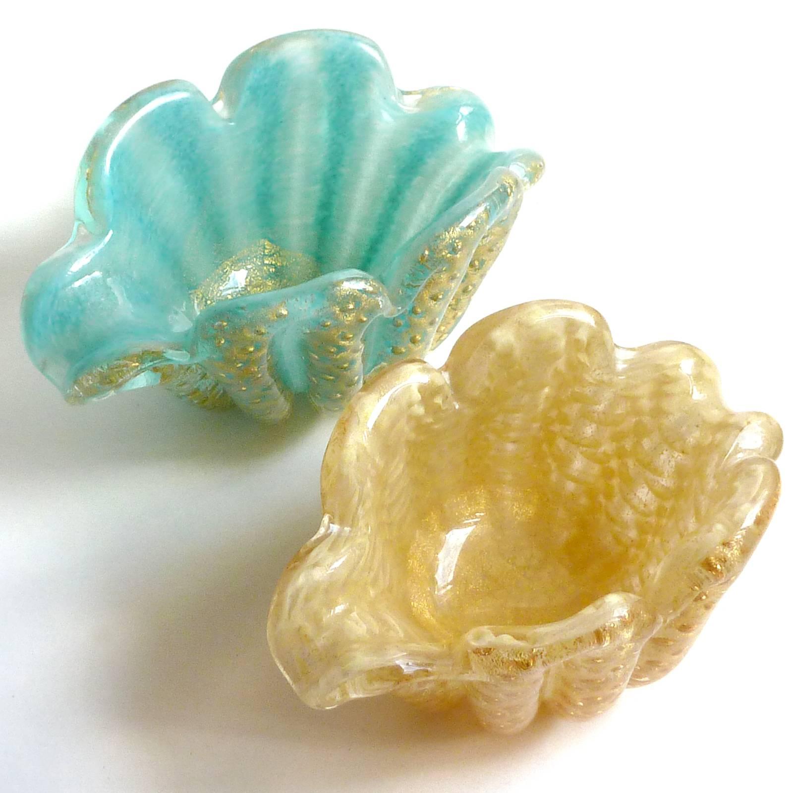 Price per item (12 pieces available) - Gorgeous Murano hand blown bubbles and gold flecks Italian art glass flower form bowls. There are 4 blue, 1 yellow, 2 red, 1 pink and 4 yellow with spots (see all photos) available. Documented to designer