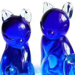 Archimede Seguso Murano Blue Sommerso Italian Art Glass Cat Figural Bookends