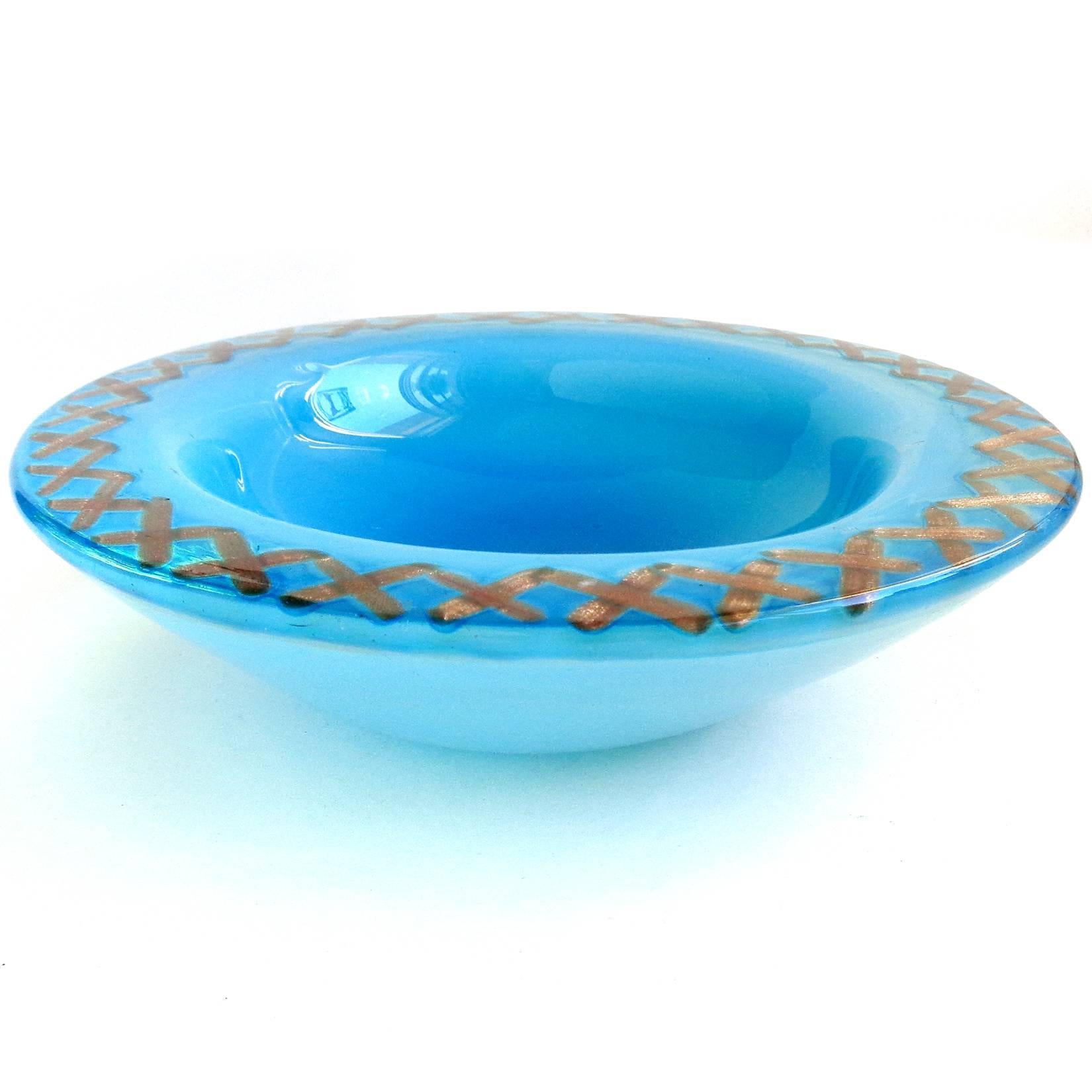 Murano handblown opalescent blue and aventurine flecks Italian art glass bowl with unique cross - stitch rim design. Attributed to the Fratelli Toso Company. Very unusual design. Would be a great gift for the seamstress or needlework collector in