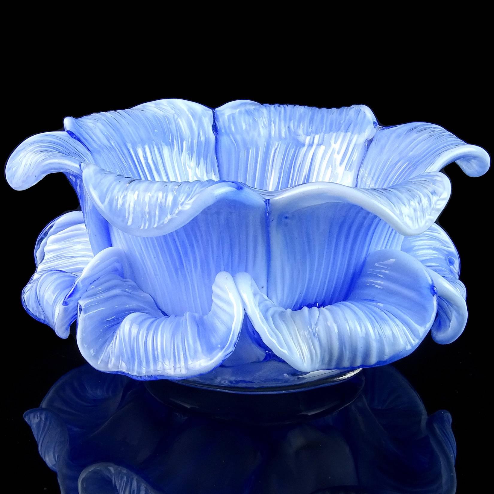 Mid-Century Modern Toso Murano Blue White Mottled Double Petal Italian Art Glass Flower Bowls