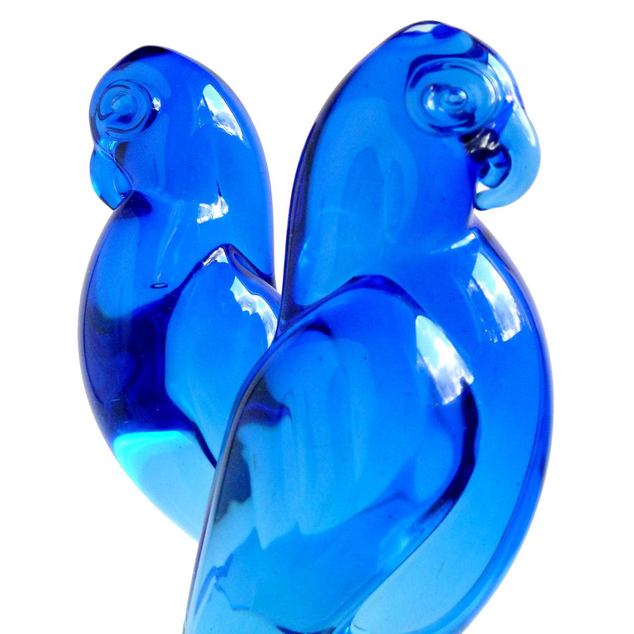 Hand-Crafted Archimede Seguso Murano Blue Italian Art Glass Double Parrot Bird Sculpture