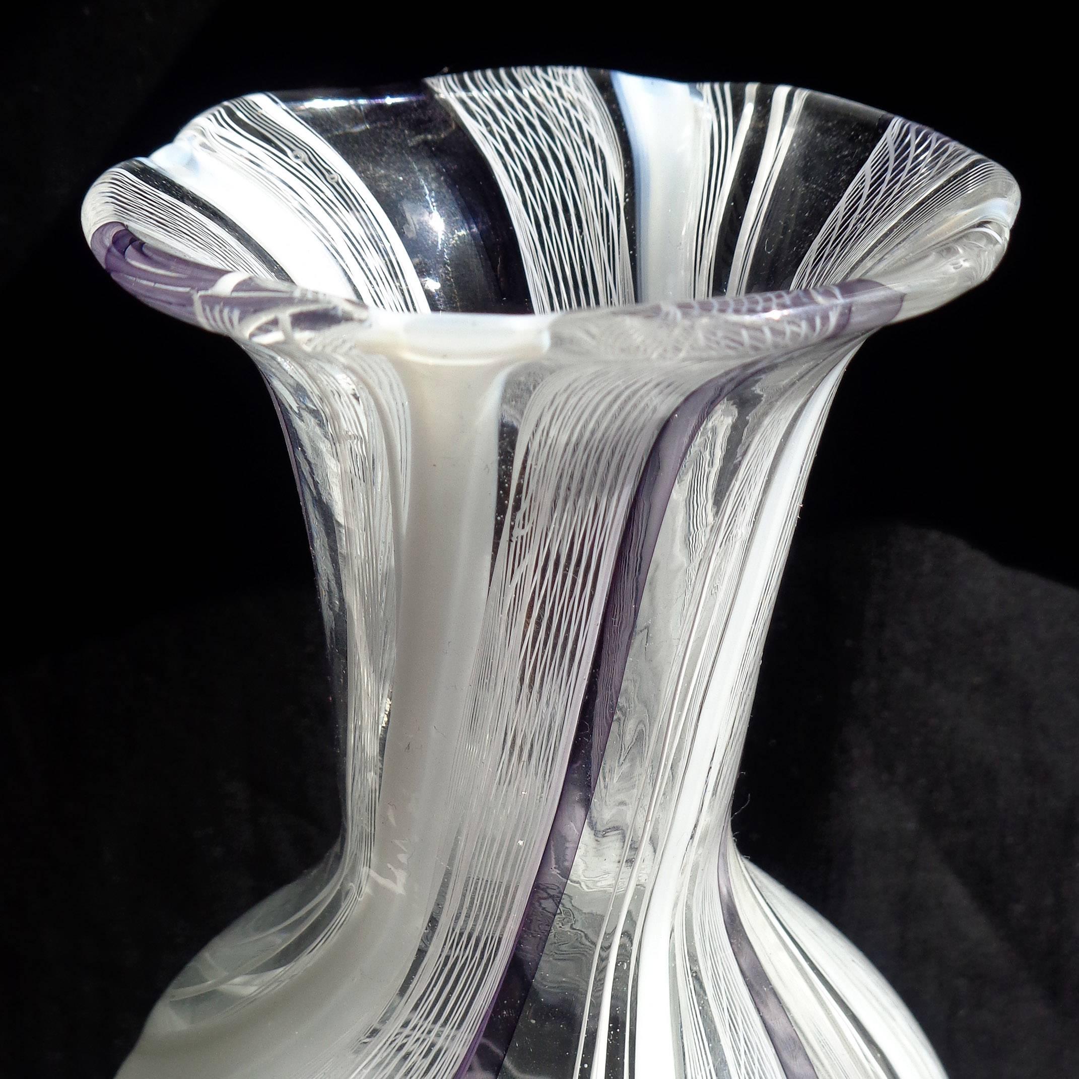 Elegant large Murano handblown white Zanfirico and Latticino Italian art glass flower vase, with purple, white and clear 