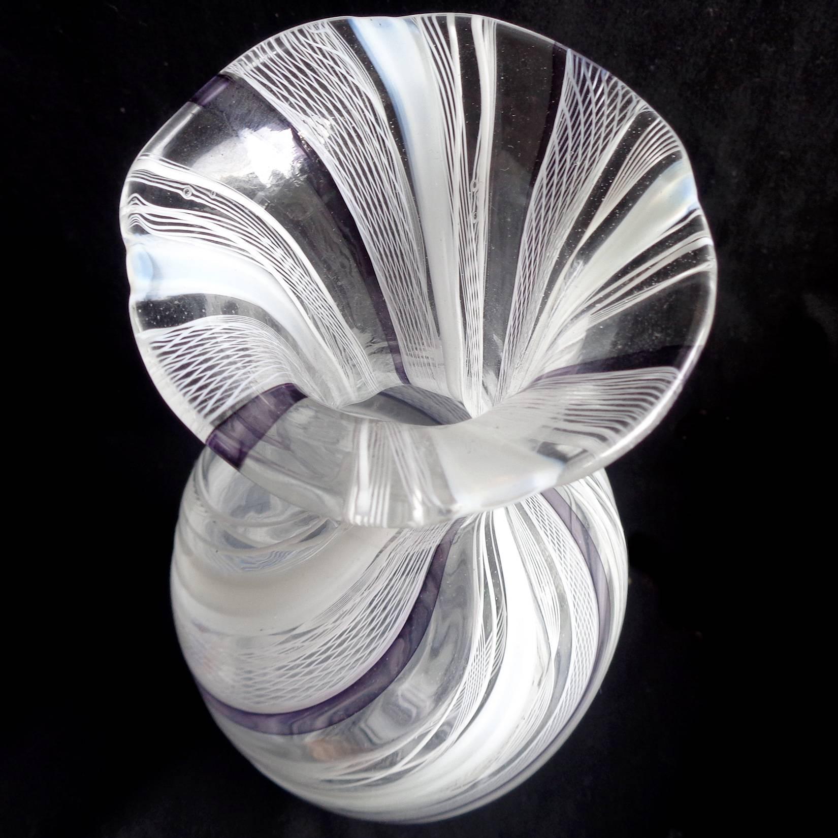 Hand-Crafted Murano White and Purple Twisting Ribbons Italian Art Glass Flower Vase