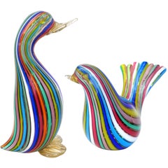 Vintage Fratelli Toso Murano Rainbow Filigrana Ribbons Italian Art Glass Bird Figurines