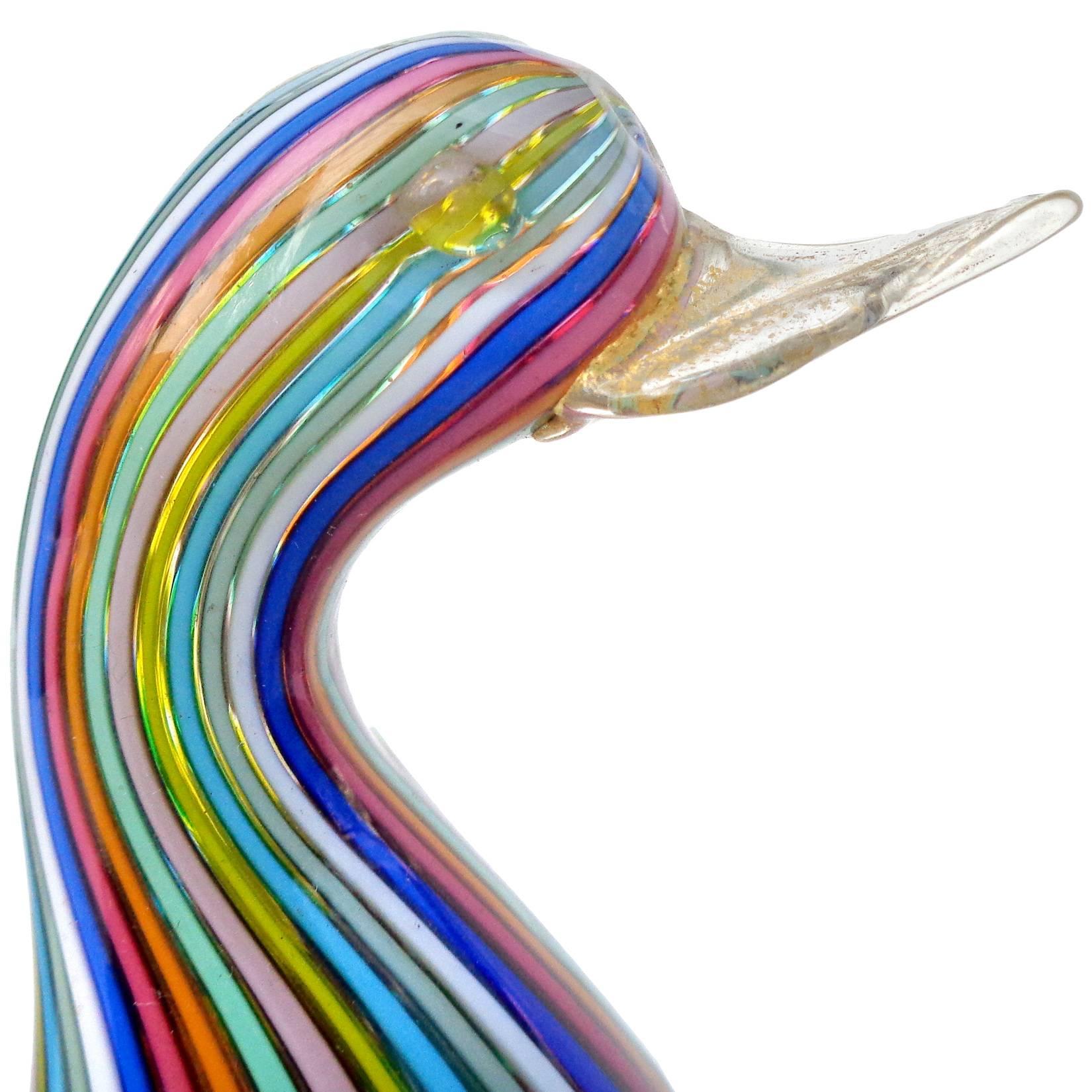 Mid-Century Modern Fratelli Toso Murano Rainbow Filigrana Ribbons Italian Art Glass Bird Figurines