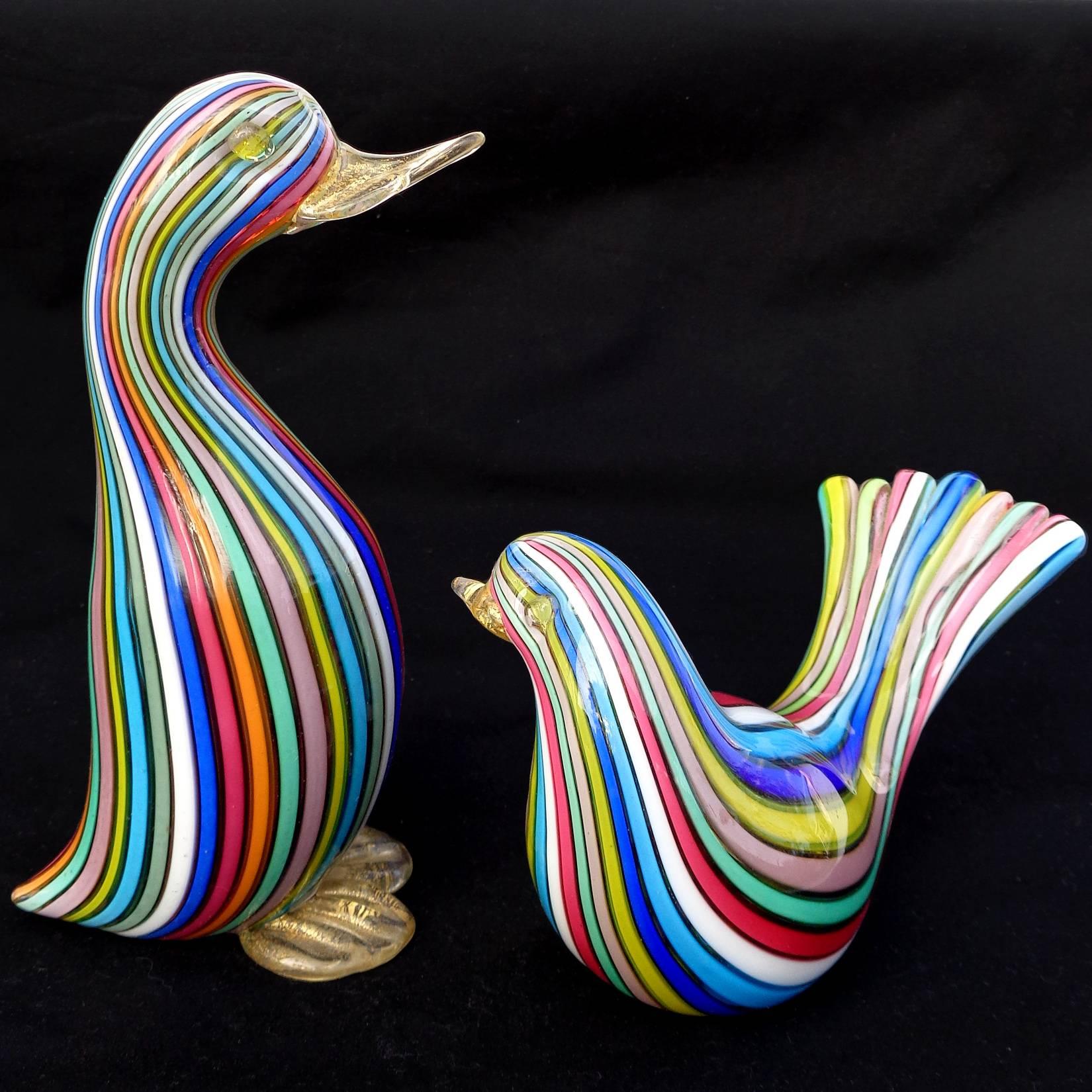 Hand-Crafted Fratelli Toso Murano Rainbow Filigrana Ribbons Italian Art Glass Bird Figurines
