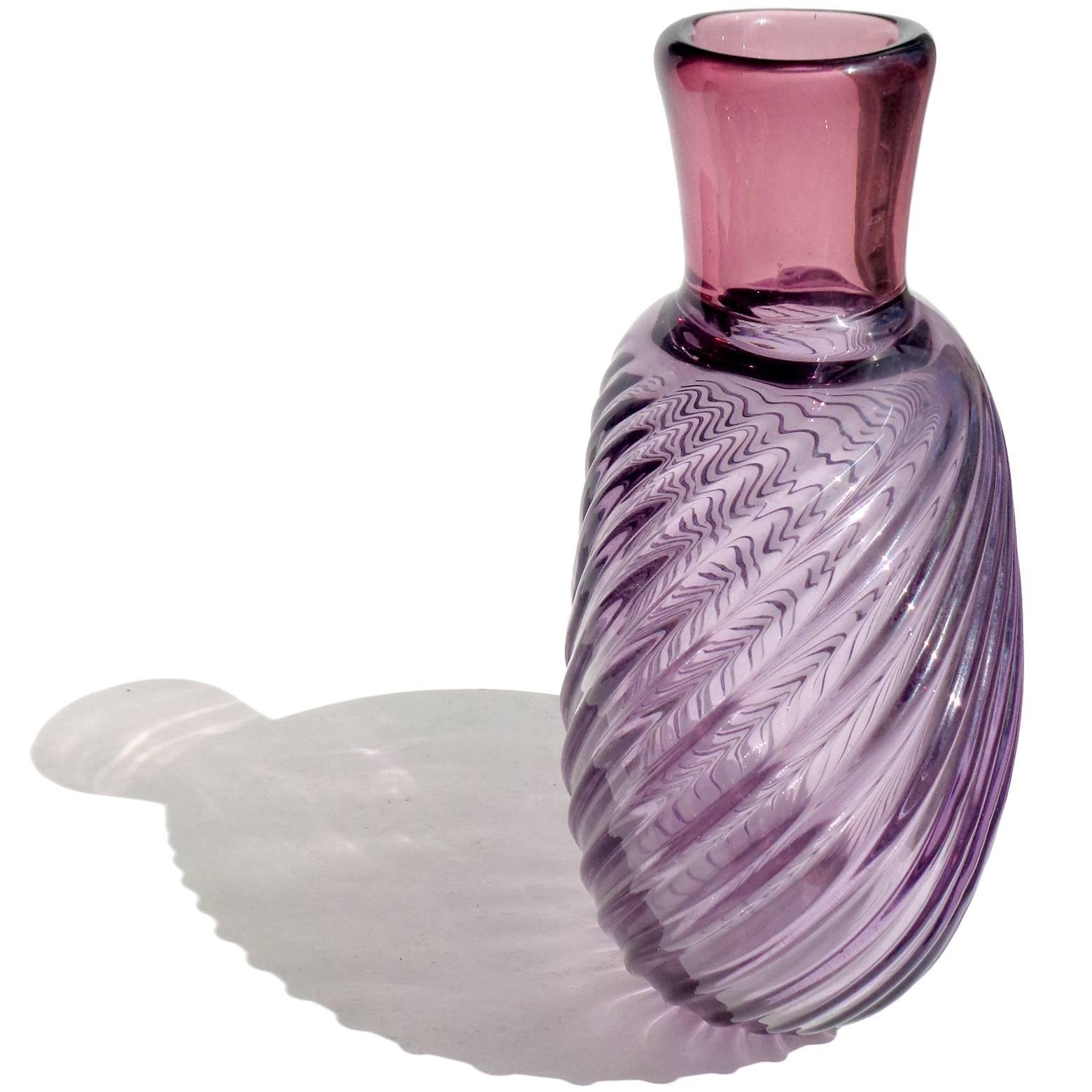 Gorgeous Murano handblown Sommerso amethyst, with purple rim Italian art glass flower vase. Documented to designer Archimede Seguso, circa 1955. Has a beautiful ribbed design that creates an optic pattern. Great collectors piece! Also available with