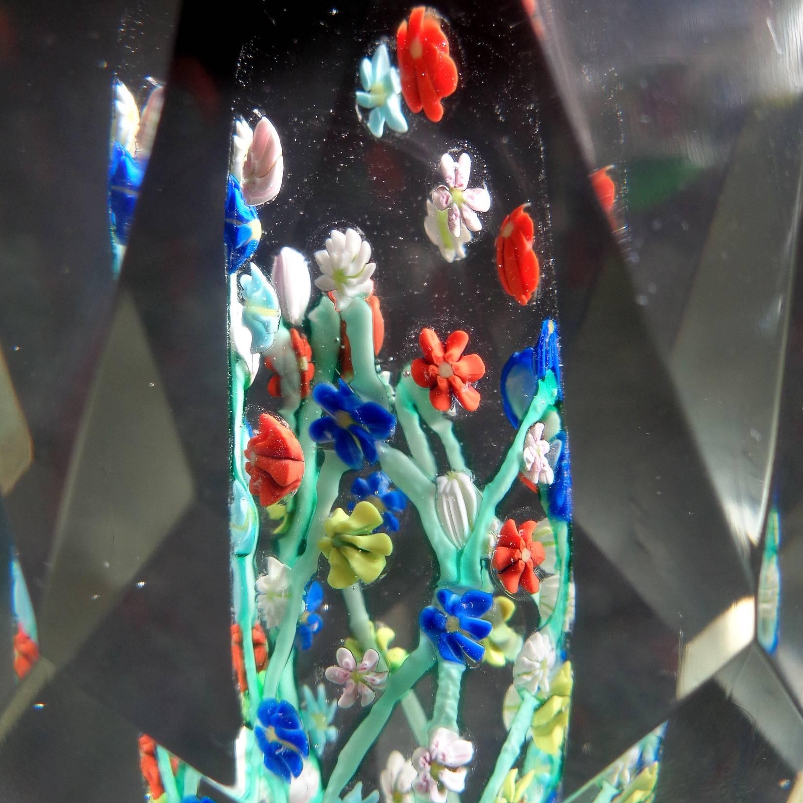 Toso Murano Millefiori Wild Flower Italian Art Glass Diamond Facet Paperweights 1