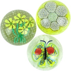 Toso Murano Butterfly Mosaic Millefiori Flower Italian Art Glass Paperweights