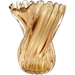Archimede Seguso Murano Golden Amber Gold Flecks Italian Art Glass Flower Vase
