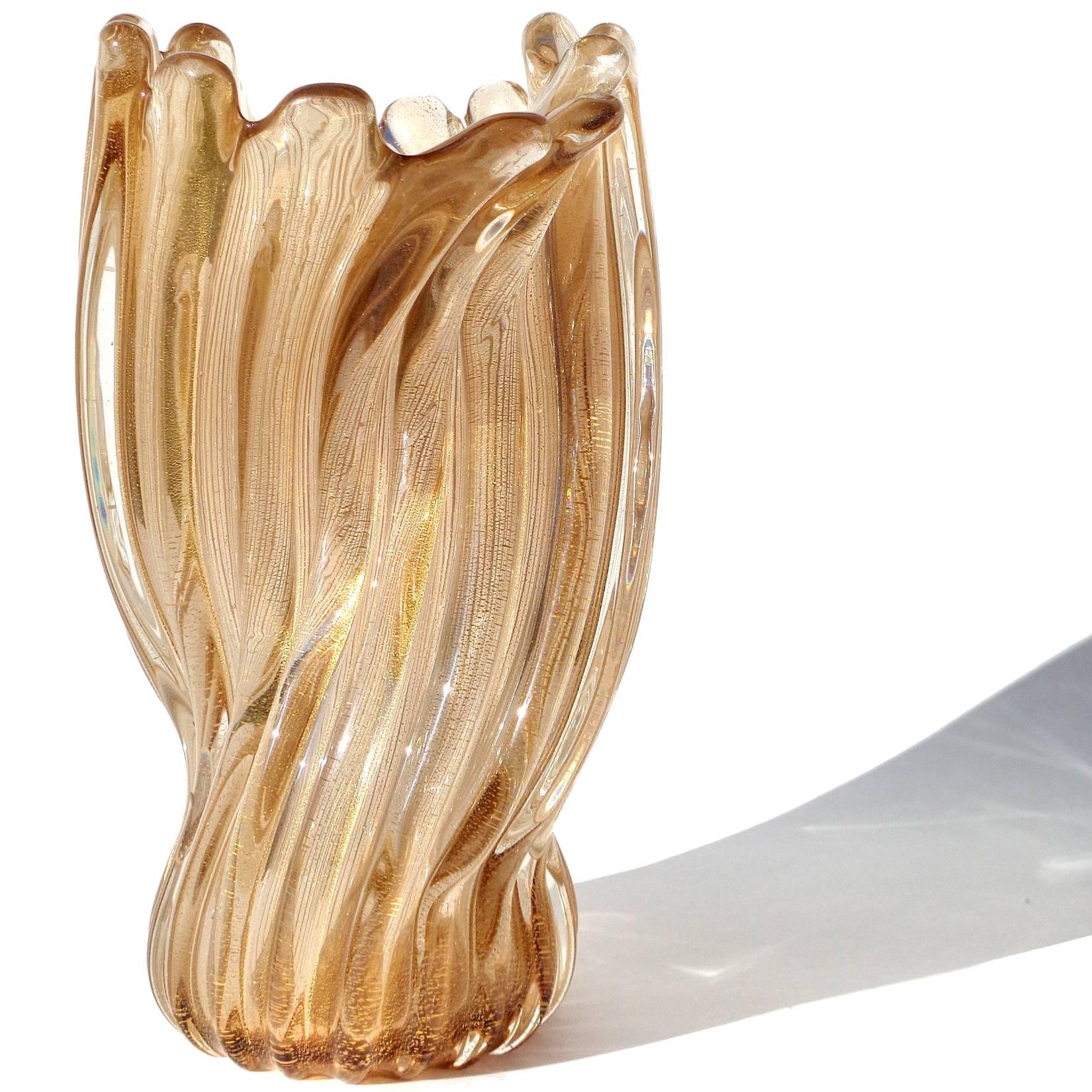 Murano handblown gold flecks on champagne color ribbed and twisted art glass flower vase. Documented to master glass blower Archimede Seguso, circa 1950s, in the 