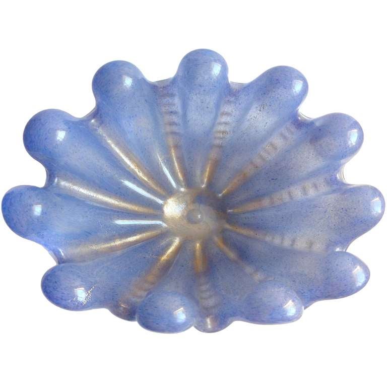 Murano handblown blue with gold flecks Italian art glass seashell centerpiece sculptural bowl with pearl inside. Documented to designer Ercole Barovier for Barovier e Toso, circa 1940s in the 
