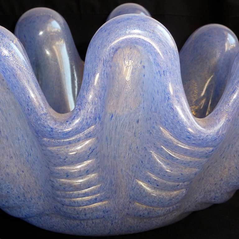 Hand-Crafted Ercole Barovier Murano Blue Gold Flecks Italian Art Glass Conch Shell Bowl