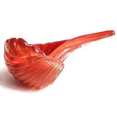 Alfredo Barbini Murano Orange Gold Flecks Italian Art Glass Seashell Bowls