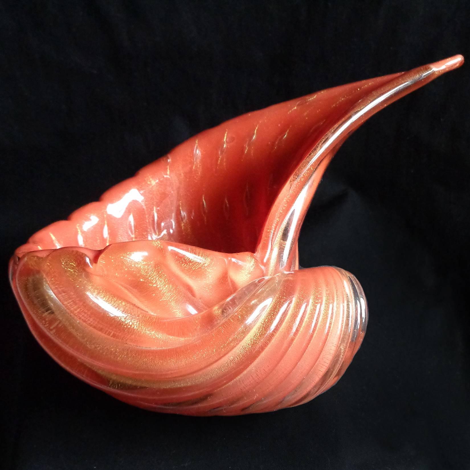 Mid-Century Modern Alfredo Barbini Murano Orange Gold Flecks Italian Art Glass Seashell Bowls